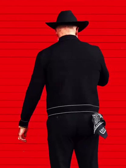 Black Denim Jacket With White Topstitching Detail