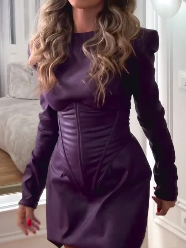 Purple Mini Dress With Structured Shoulders And Corset Waist