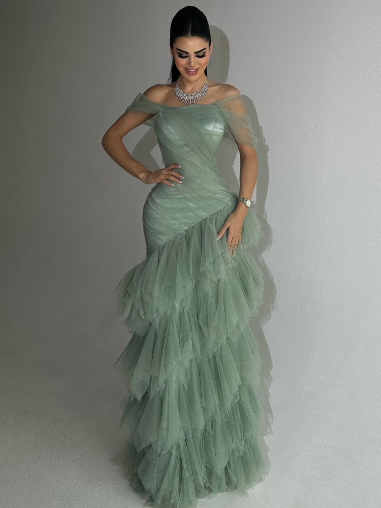 Elegant Light Green Strapless Mermaid Dress With Layered Tulle Skirt