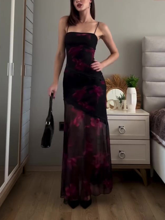 Printed Patchwork Mesh Suspender Dress