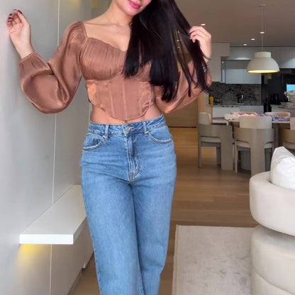 Glitter Long Sleeve Lace Up Crop Shirt